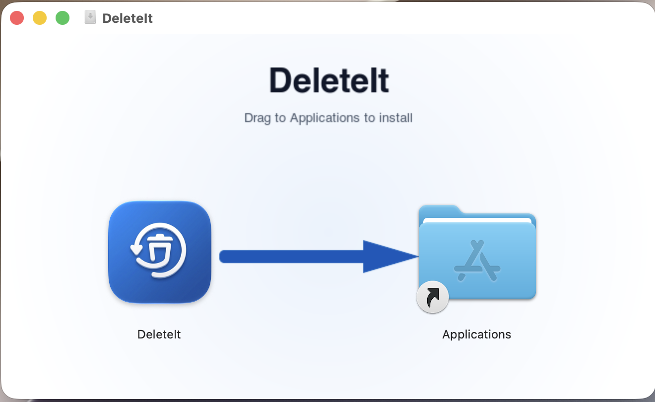 DeleteIt installer window — drag the app icon to the Applications folder
