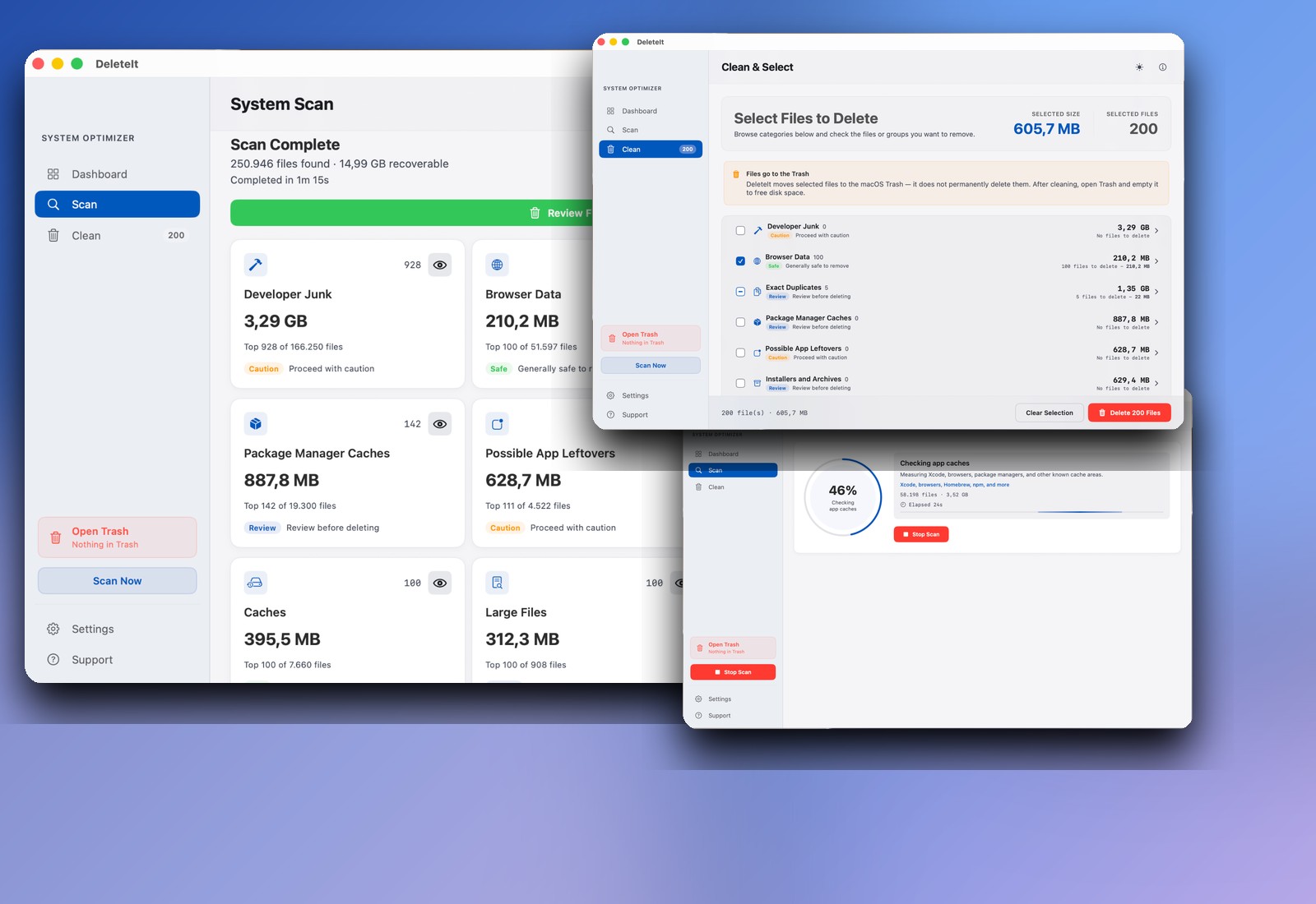 DeleteIt macOS app — System Scan, Clean & Select and scanning views